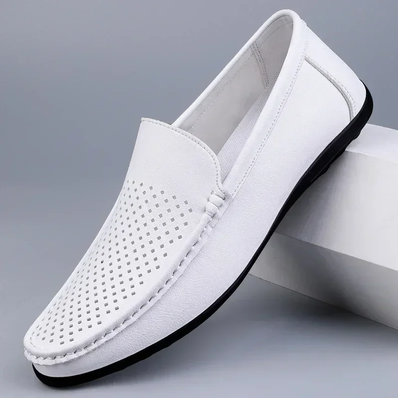 Men's Genuine Leather Penny Loafers - Breathable Slip-On Driving Shoes (Hollow Design, Soft Sole for Casual & Dress Wear)