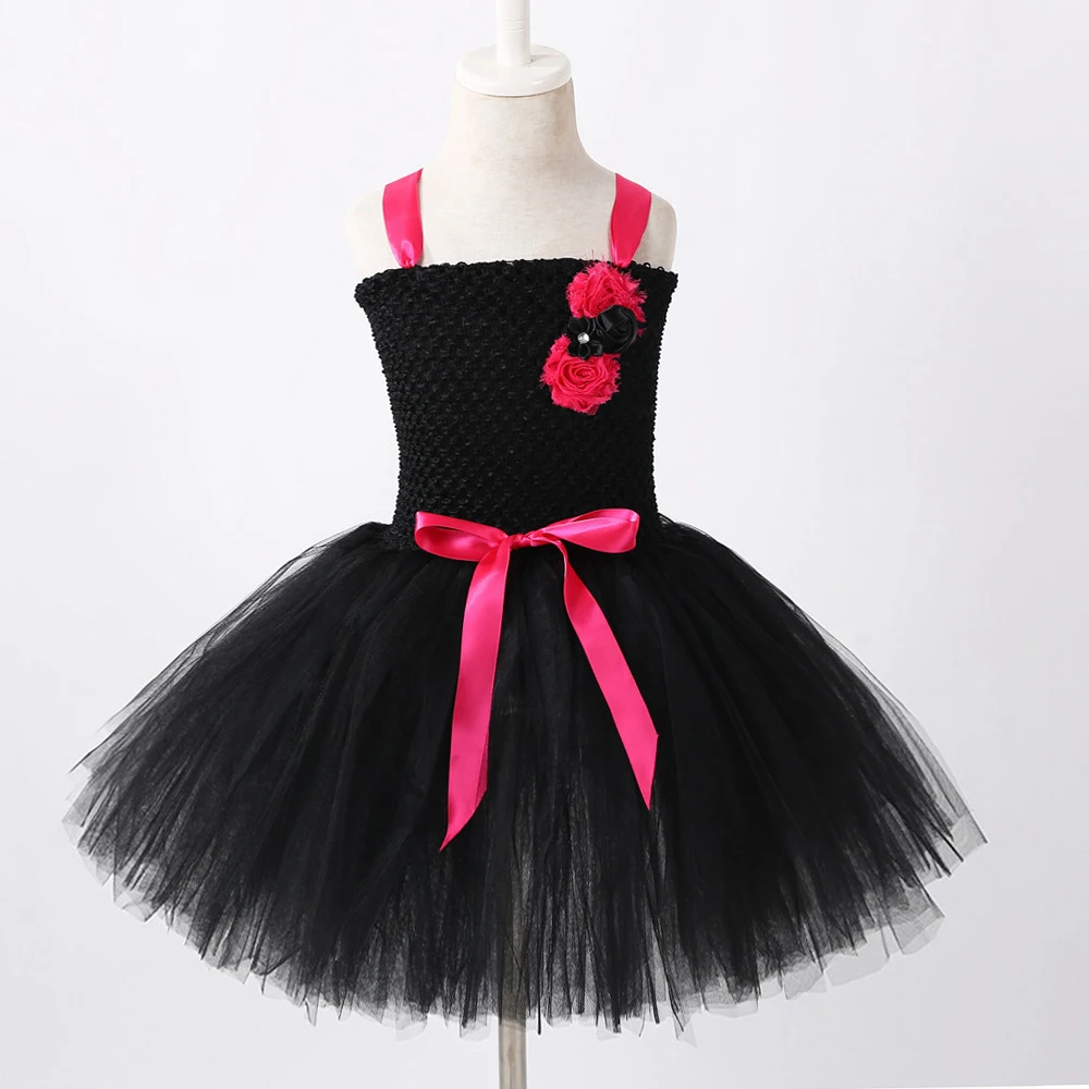 Baby Girls Hot Pink Black Cat Lined Dresses for Kids Birthday Party Kitty Costumes Animal Birthday Tutus with Ears Bow Tail Set