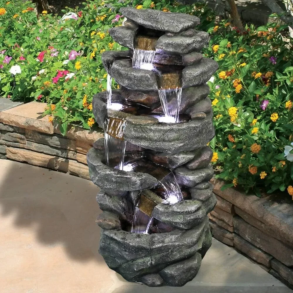 40.5” High Rocks Outdoor Water Fountain - 6-Tiers Cascading Waterfall with LED Lights, Soothing Tranquility for Home Garden