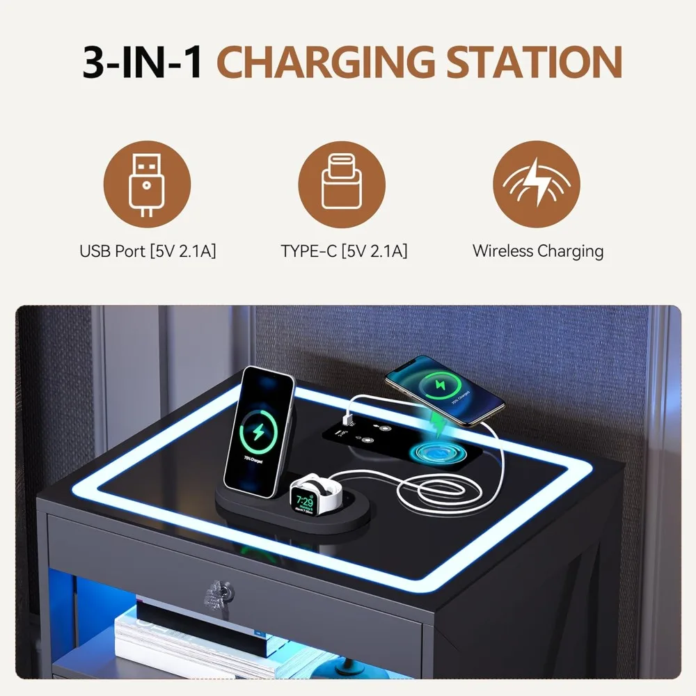 隠し引き出し付きLEDナイトスタンド、充電ステーション付きロック可能なナイトスタンド、自動センサーライト付きベッドサイドテーブル、寝室、グレー