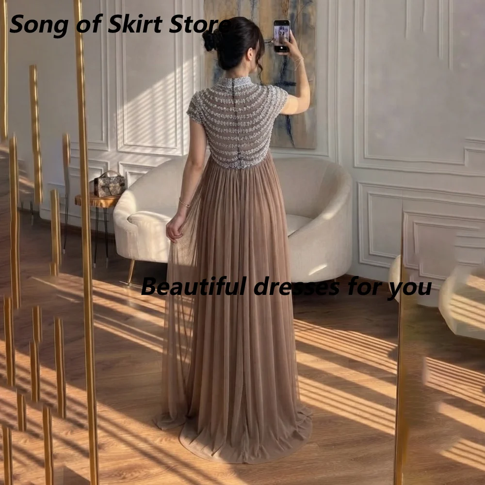 Customized Mocha Mermaid Mother Of The Bride Gown High Neck Sheer Beaded Twist Waist Draped Cape Chiffon Wedding Guest Dress image 2