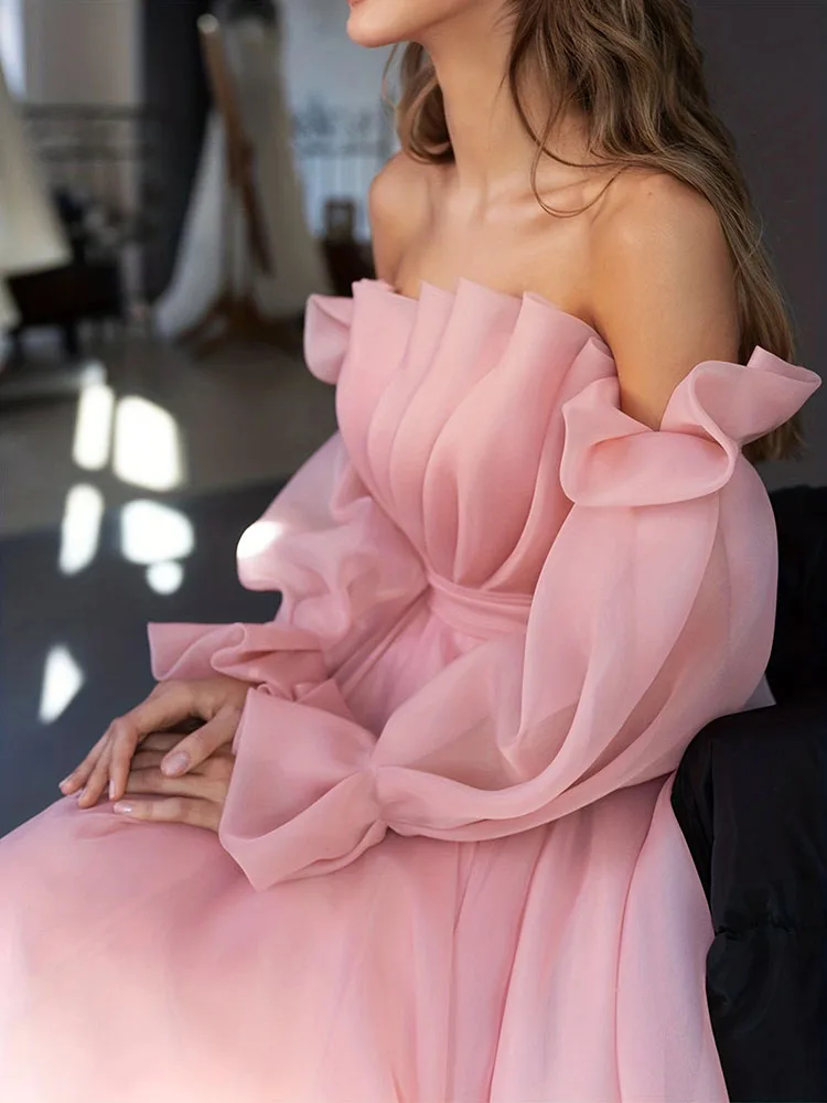 Lässiges, langärmliges, solides A-Linien-Kleid für Damen, elegantes, schlankes, langes Partykleid mit hoher Taille, sexy schulterfreies, drapiertes Prinzessinnenkleid