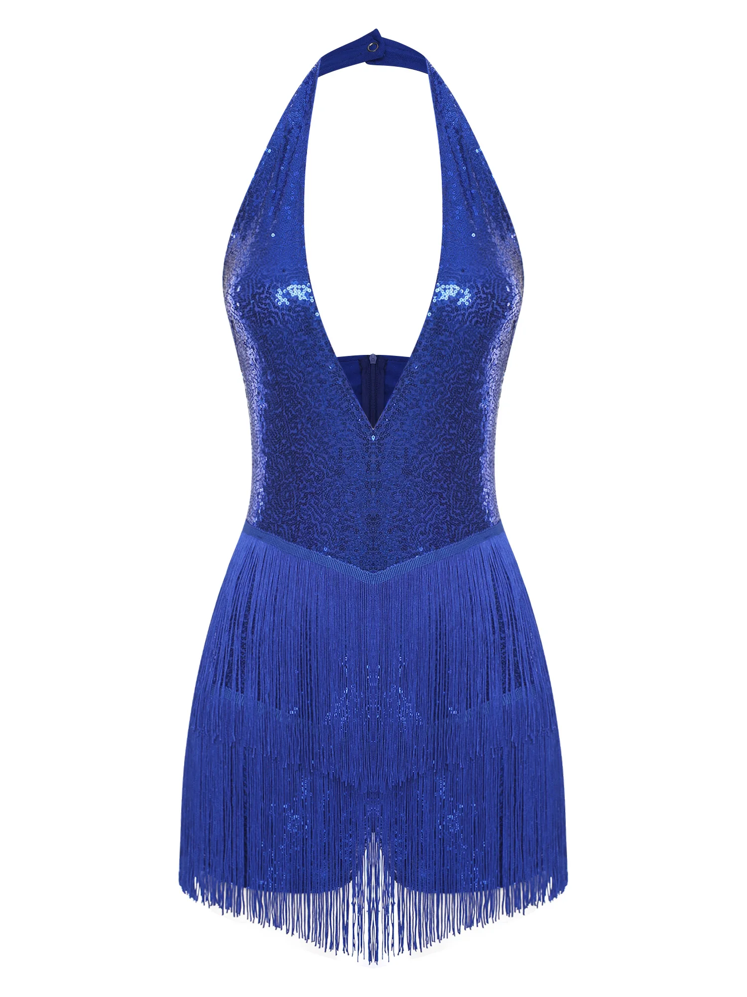 Mulheres brilhantes lantejoulas bodysuit macacão halter mergulhando decote em v em camadas borla franja macacão dança latina clubwear