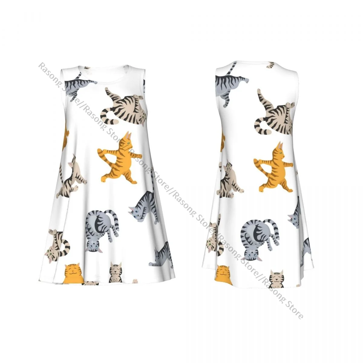 Robe d'été pour femmes, t-shirt décontracté, couverture de plage, chats avec différents poses de Yoga, robe débardeur