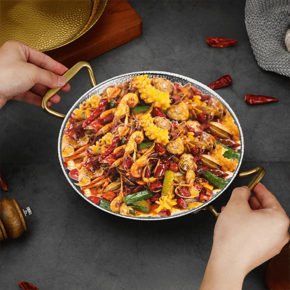 Olla para Paella de Mariscos de Acero Inoxidable con Fondo Plano, Asa Binaural, Olla para Fideos, Olla para Arroz de Mariscos Engrosada en Dorado/Plateado