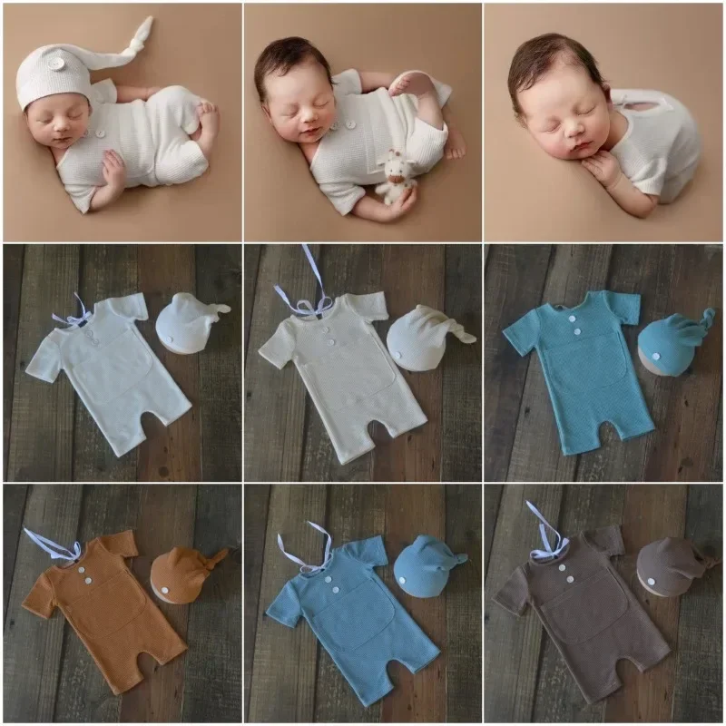 Roupas fotográficas de bebê com manga curta e chapéu longo pontudo, adereços fotográficos comemorativos de crescimento recém-nascido, roupas tricotadas, bricolage, presentes, 0-2 meses