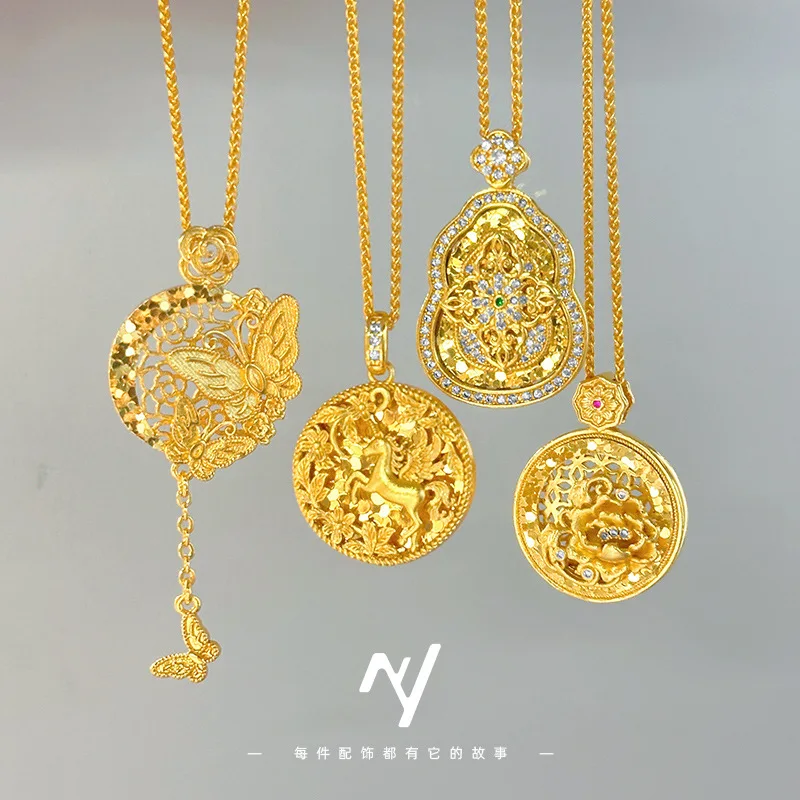 

New Chinese Niche Design 9999 24K Real Gold Light Luxury Young Metalwork Broken Ice Butterfly Flower Wooden Horse Hollow Pendant