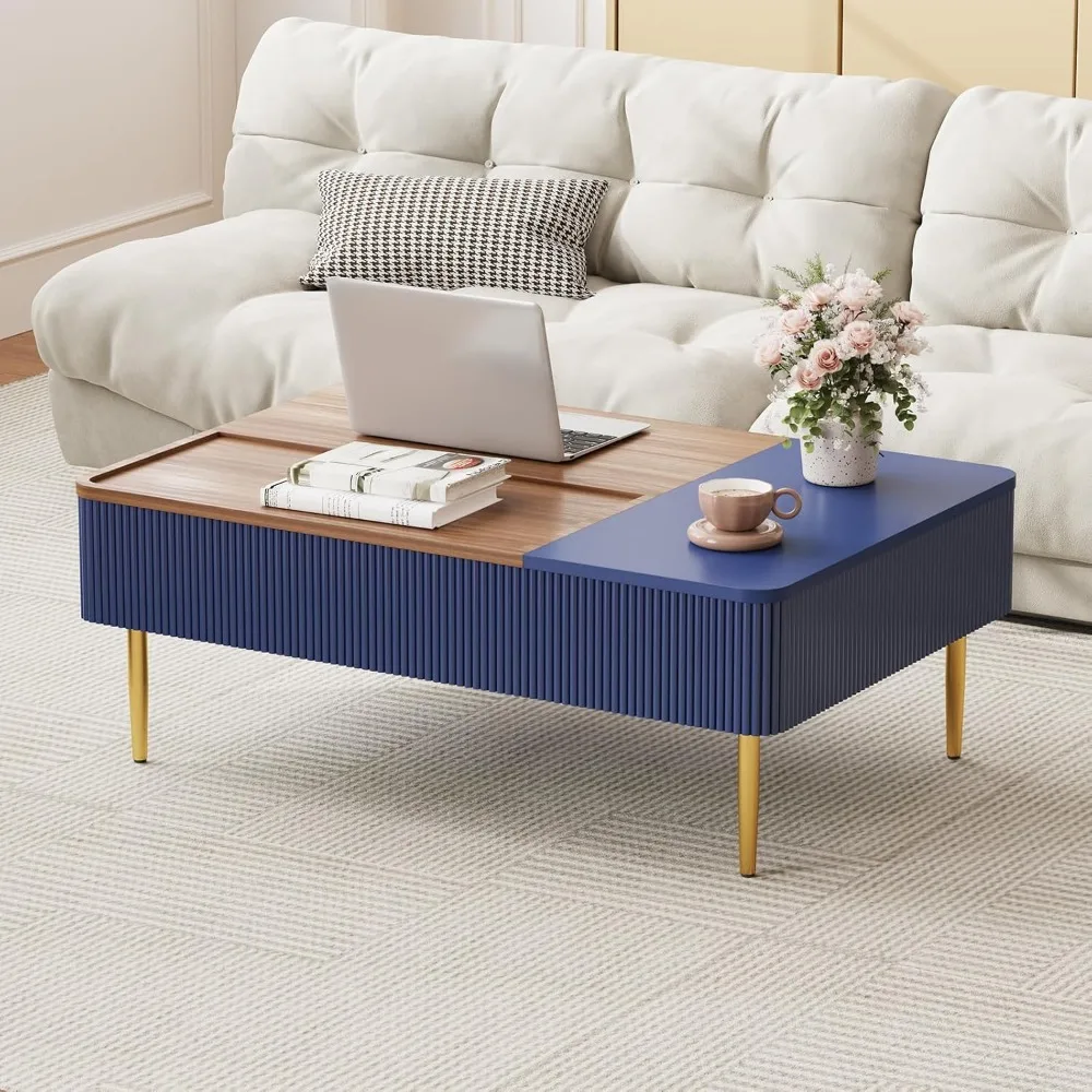 Modern Dual-Lift Storage Coffee Table with Fluted Wood Design and Hidden Compartment