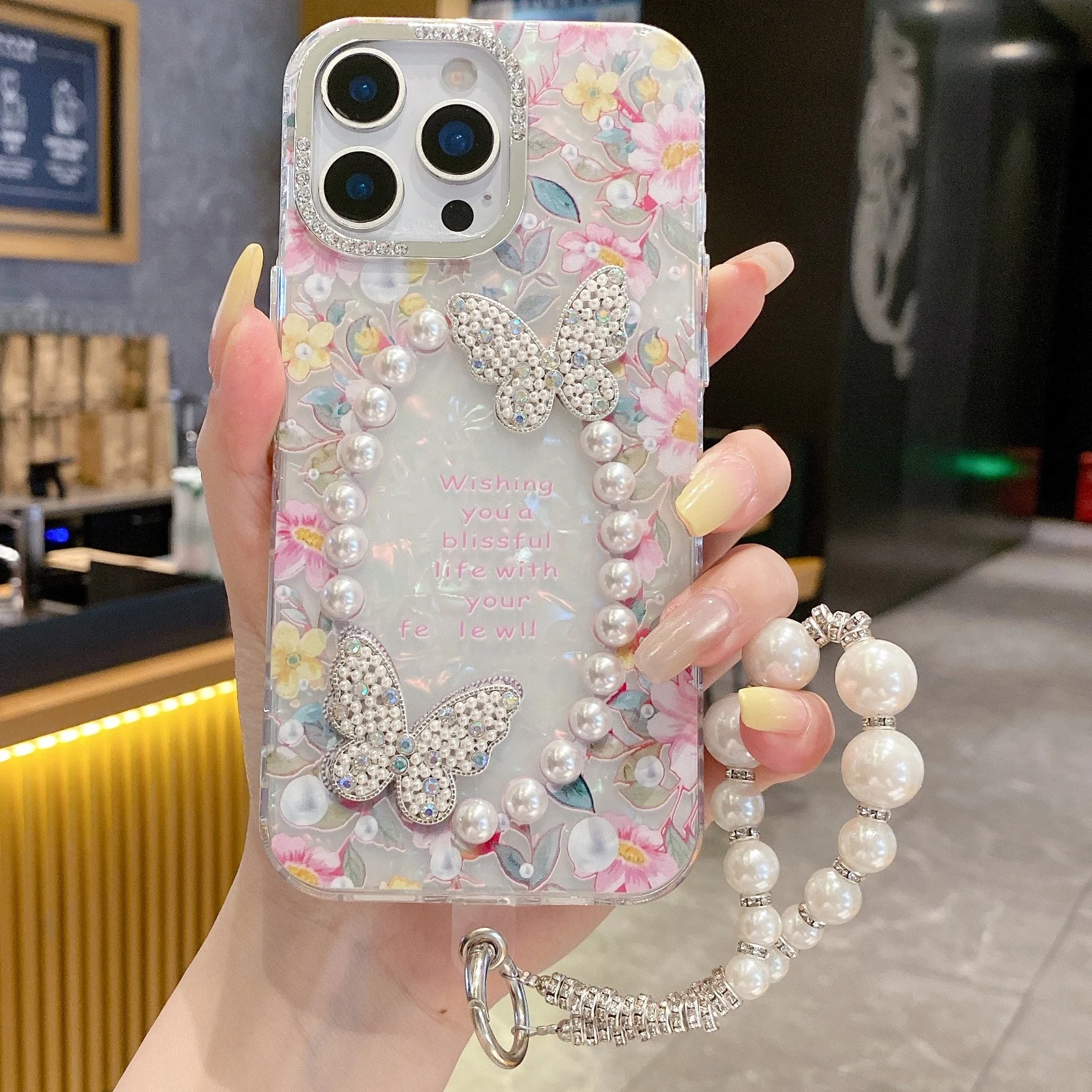 

Colorful Flower Case For iPhone 17 Pro Max Diamond Butterfly Cover For iPhone 17ProMax 16 ProMax 15 14Pro 13 Pearl Bracelet Case