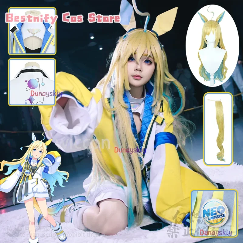 

CosplayGame Umamusume Pretty Neo Universe Copslay Derby Blue Yellow Coat Furry Ear Tail Wigs Anime Jirai Kei Girls Jumpsuit Cust