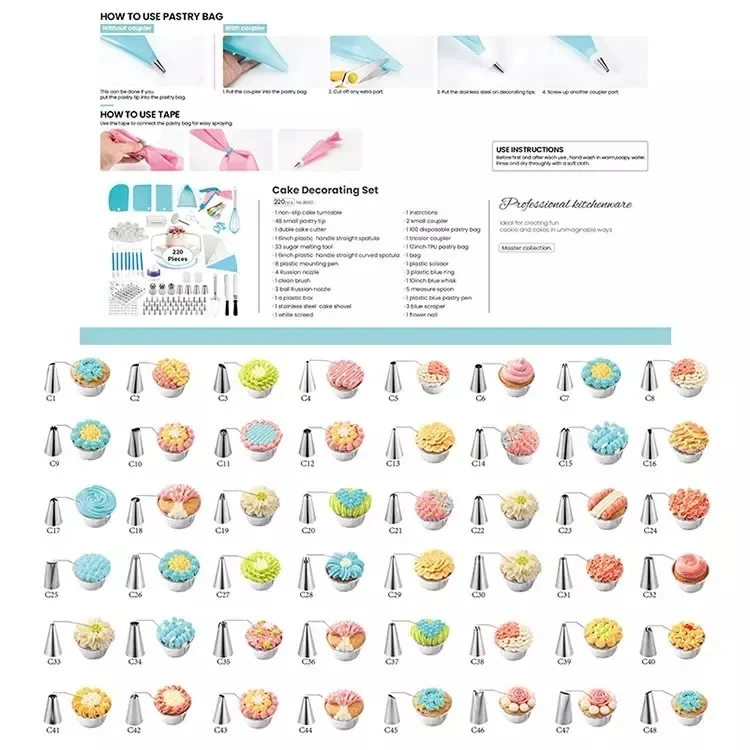 220 Pieces Plastic Baking Cake Accessories Tools Set Cake Buttercream Basics Decoration Nozzle Turntable Spatula