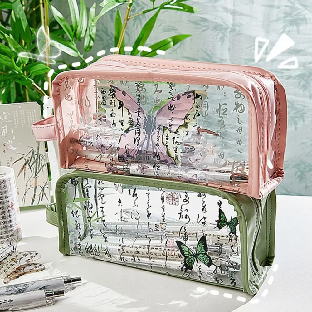 

Chinese Ink Style Transparent Pencil Case Waterproof Large-Capacity Zippered Pencil Bag Plastic Versatile Stationery Storage Bag