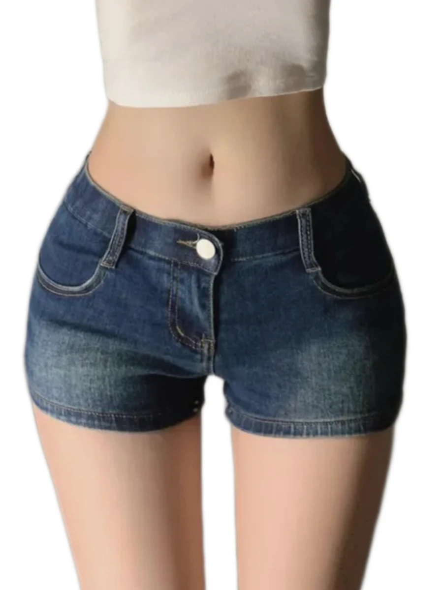 

Low Waist Sexy Short Pants Women's Summer Elastic Butt Covering Trendy Retro Hot Pants Ultra Short Coated Denim Zipper Closure