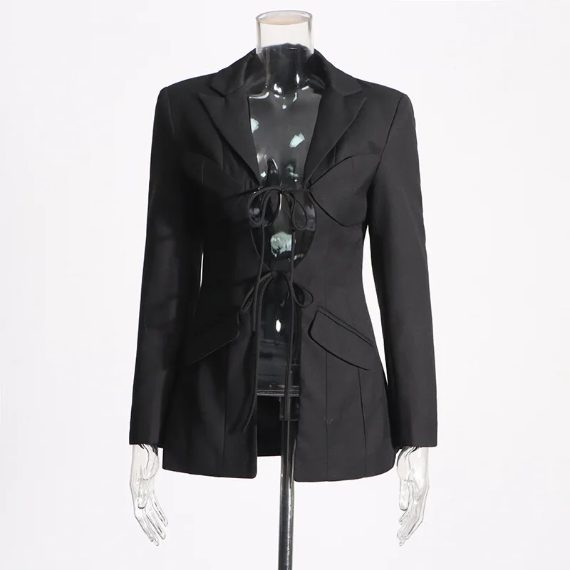 ANJY Spring Summer New Women Hollow Out Spliced Design Lace-Up Slim Fit Blazer Fashion Elegant Sexy Solid Color Suit-Coat A24250