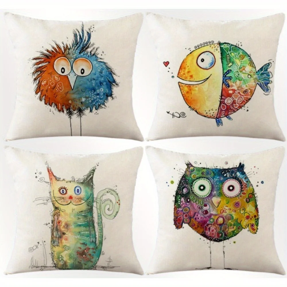 4pcs Whimsical Cartoon Animal Throw Pillow Covers, Colorful Watercolor Owl & Cat Print Cushion Cases, Playful Kids Home Decor