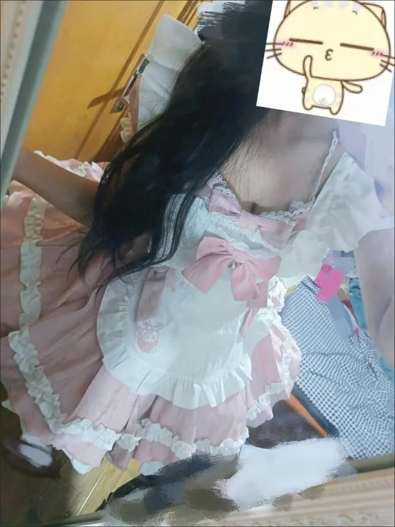 

Japanese Lolita Style Sweet Cute Girl Age Reducing Light Luxury Bubble Sleeves Bow Lace Up Apron and Dress Two-piece Set Summer