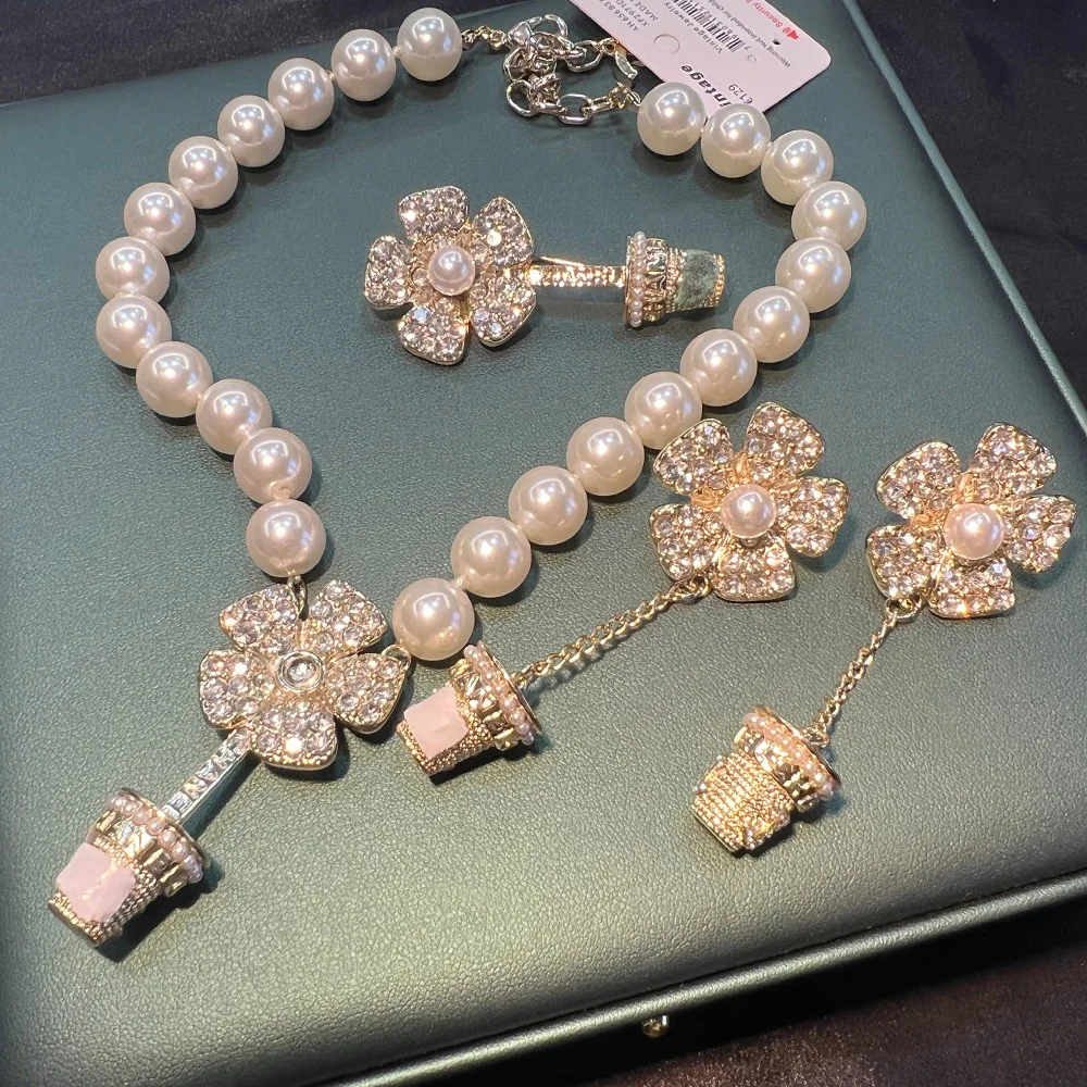 

DIY accessories French haute couture camellia set with diamonds, long pearl necklace, heavy industry, high sense, small fragranc