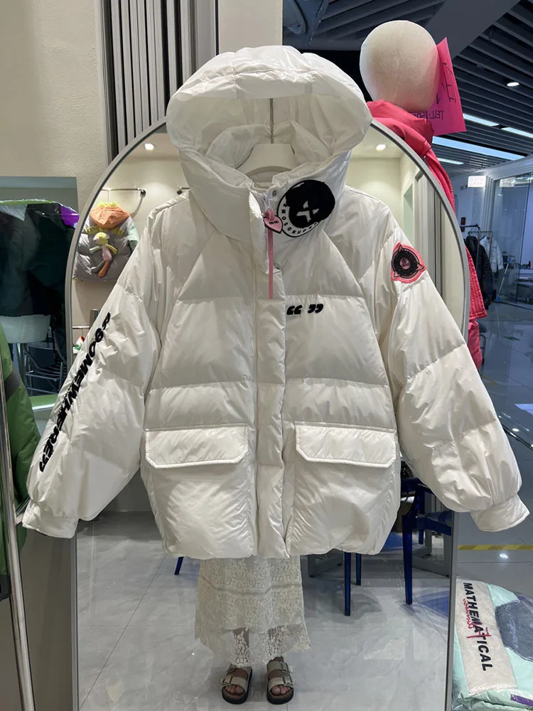 Korean Fashion Winter Short Jacket Women Waterproof White Duck Down Coat Female Loose Hooded Parker Overcoat