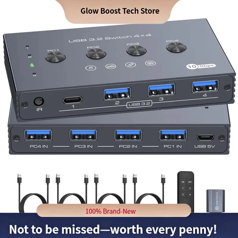 

Glow 10Gbps USB 3.2 Switch 4 Computers Share 4 Peripherals 4 Port USB 3.0 Switcher Mouse Keyboard Printer with Remote
