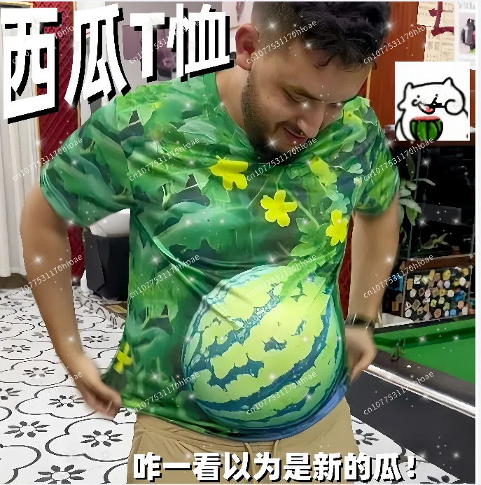[this melon is ripe] big watermelon short-sleeved 3d stereo visual effect big belly breathable and cool printed men's t-shirt