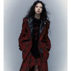 No Romance Women Red Plaids Oversized Tailored Jacket Retro Design Fashion Punk Y2k Loose Wide PU patch Punk Grunge Suit Blazer