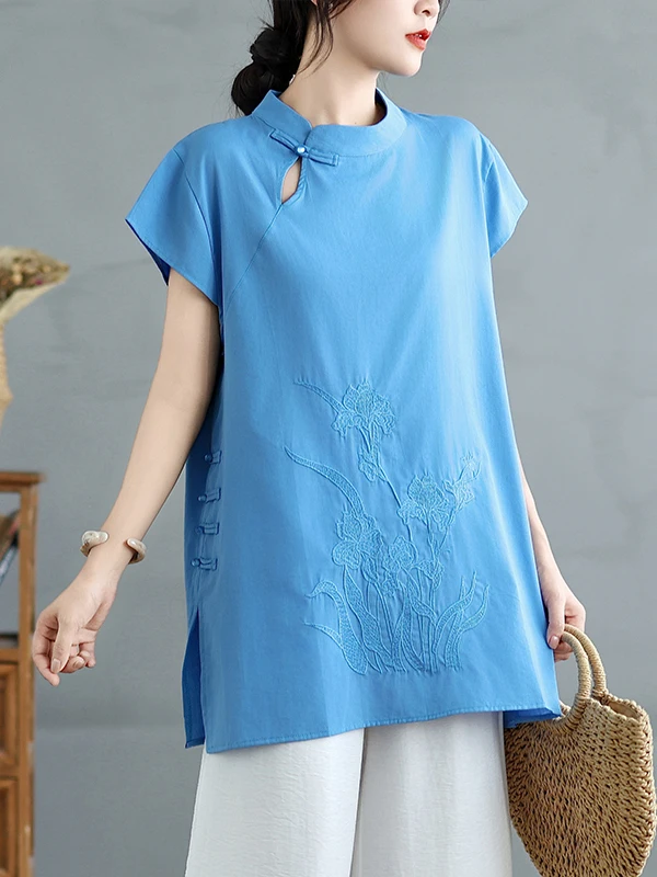 

New Chinese Sle Loose Linen irt Vest Women's Mid-Length Pure Color Button up Summer Faionable Commute Sle Top