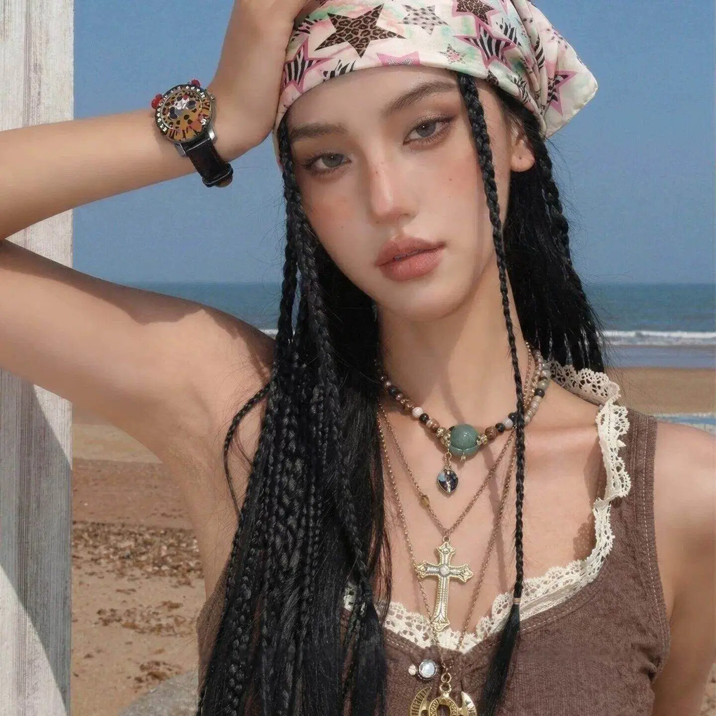 Bandana Leopard Star Print Retro Niche Sweet Cool Head Wrap Hair Scarf Women Daily Outfit Accessory Soft Fabric Lightweight