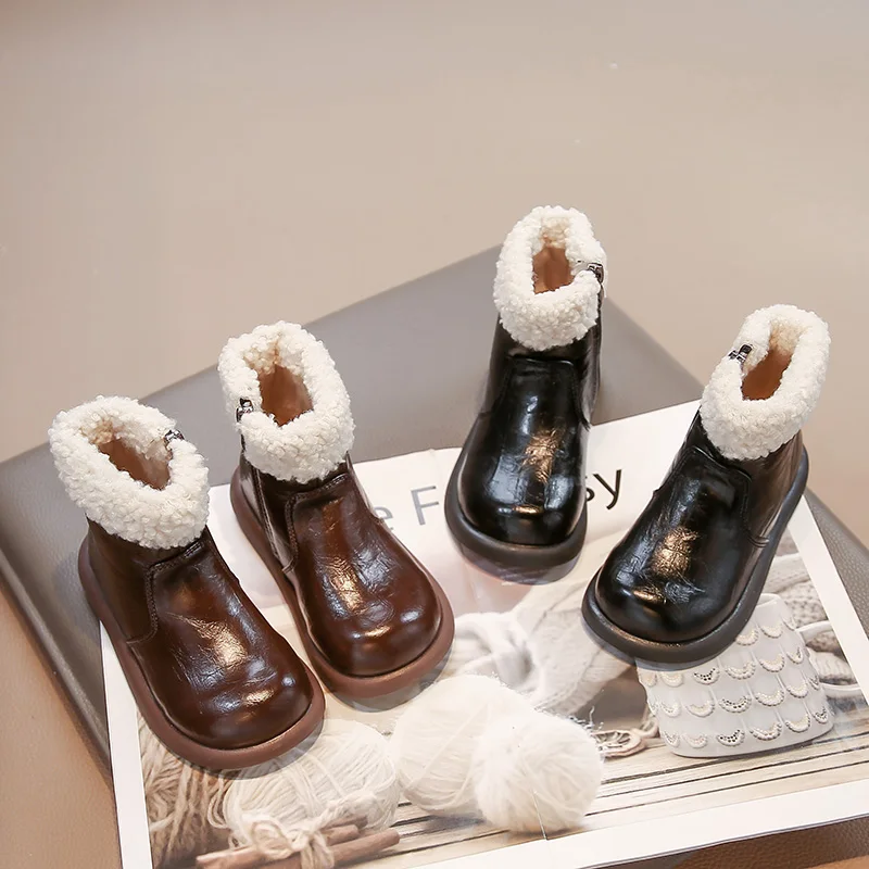 

ew Зимние детские хлопковые сапоги с бархатом для девочек, стильные короткие сапоги для малышей, большие хлопковые сапоги для девочек