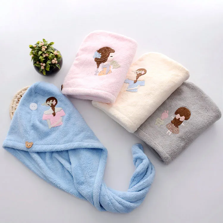 Absorbent Hair Towel Cap, Daily-Use Hair-Drying Towel Wholesale Coral Fleece Hair-Drying Cap with Embroidery and Thickened Towel