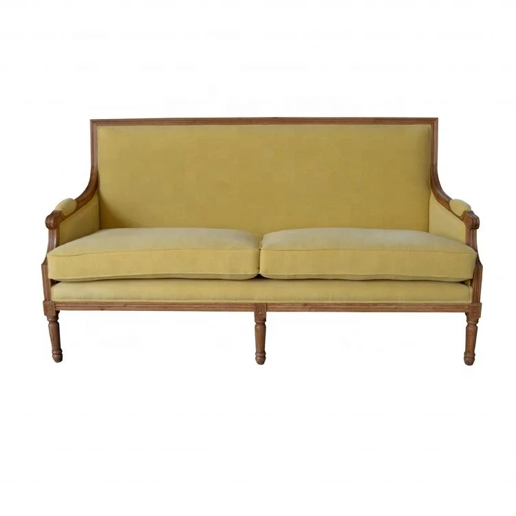 

French Oak Frame Linen Covered Upholstered Chaise Lounge Curved Sofa With Cushions for Hotel Home Furniture