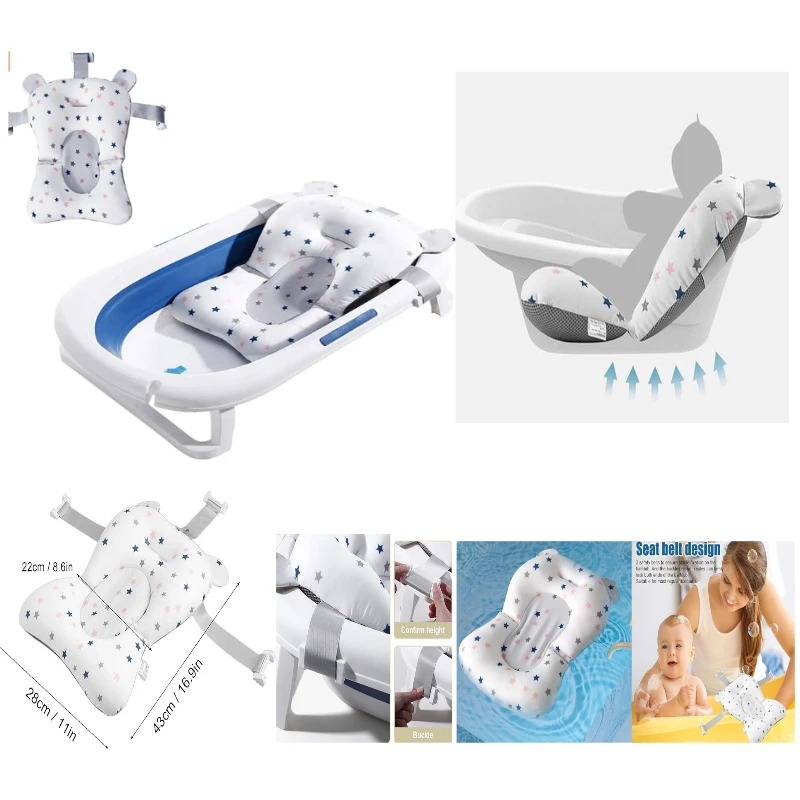 

Регулируемый детский коврик для ванной для новорожденных, нескользящая мягкая сетка, утолщенная поддержка для ванны, складная спинка, плавающая для детей 0-12 месяцев