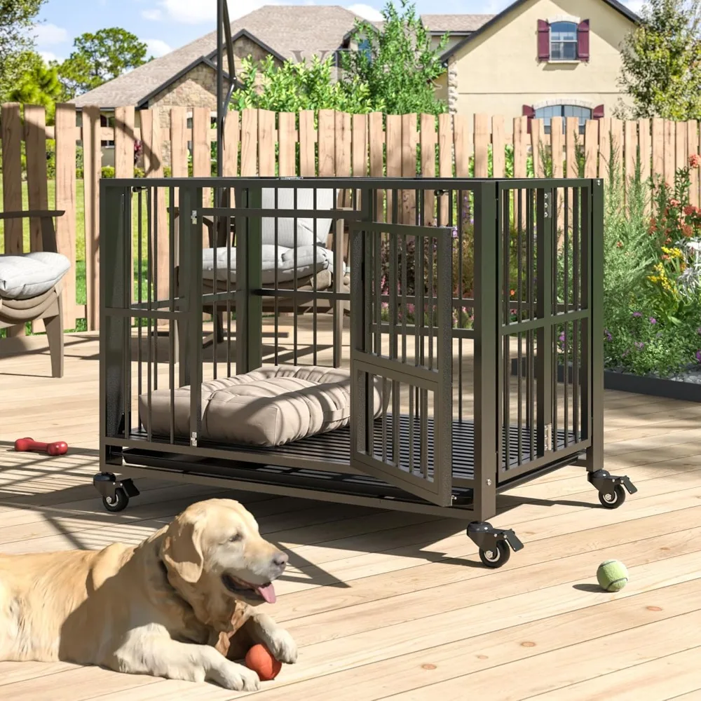 43/38 inch heavy-duty dog crate, folding kennel, no assembly required, escape-proof, large dog cage with lockable wheels