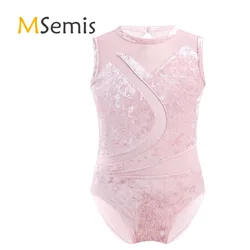 Kids Girls Gymnastics Swimsuit for Dancing Sleeveless Comfortable Pleuche Mesh Splice Cutout Back Ballet Dance Leotard Jumpsuit