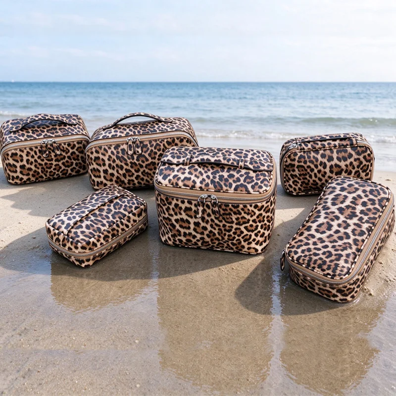Genuine Leather Leopard Print Series Makeup Bag Fashion Large Capacity Cosmetic Bag Simple Portable Small Makeup Bag Handbag