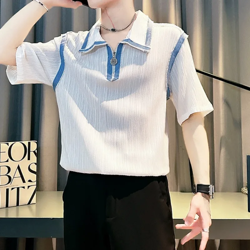 الكورية الصيف مخطط التلبيب تي شيرت الرجال قصيرة الأكمام لوس عادية نصف سستة قمصان بولو الأعمال الاجتماعية تيز الرجال الملابس #4