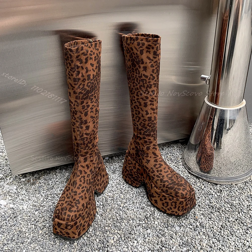 Leopard Print Elastic Knee High Boots Hot Girl Autumn Thick Bottom Platform Closed Fitting Daily Casual Long Booties Punk