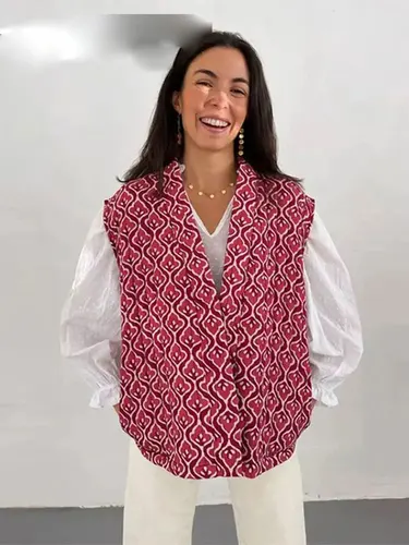 Imagen 2 del producto Chaleco con estampado de moda para mujer, cárdigan acolchado sin mangas holgado con puntadas abiertas, abrigo informal elegante para mujer, chaleco de calle para mujer