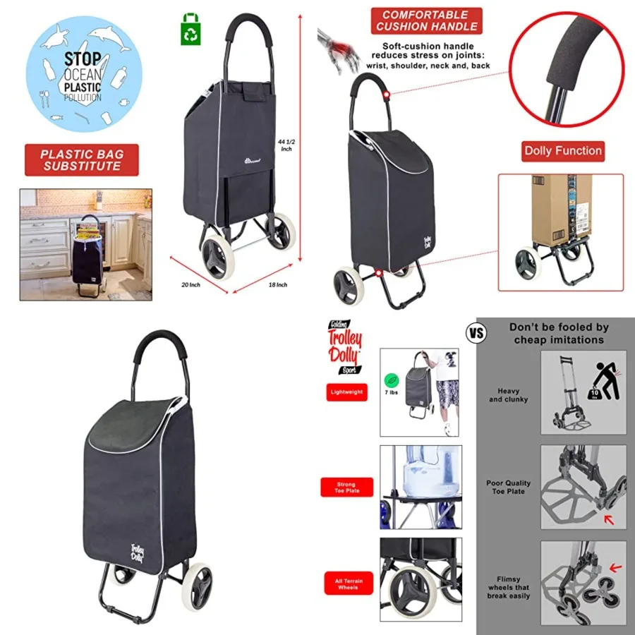 

Trolley Dolly Sport – Foldable Grocery Cart on Wheels – Multi Use Rolling Cart with Removable Bag and Hand Truck Dolly Function, Black