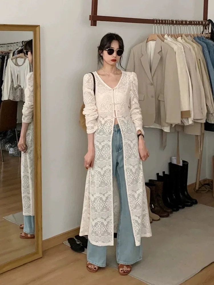 New Chinese Style V-neck Split Tops Women 2024 Summer Slim Fit Hollow Out White Cardigan Y2k E-Girl Long Sleeve Blusas Mujer