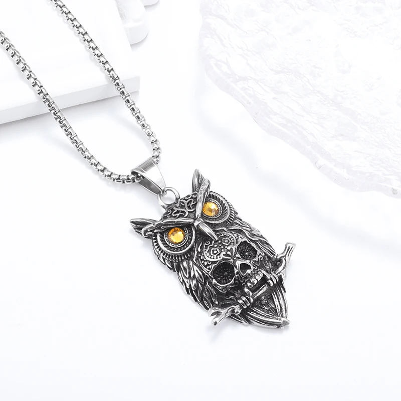 Gothic Style Owl Skull Pendant Necklace for Personalized Men's Retro Motorcycle Rider Party Jewelry Accessories image 2