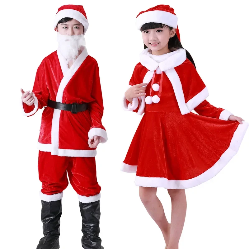 New Sale Boys Girls Red Santa Claus Hat Costume Christmas Party Gift Giver Cosplay Clothes Cape Dress Hats Dress Up