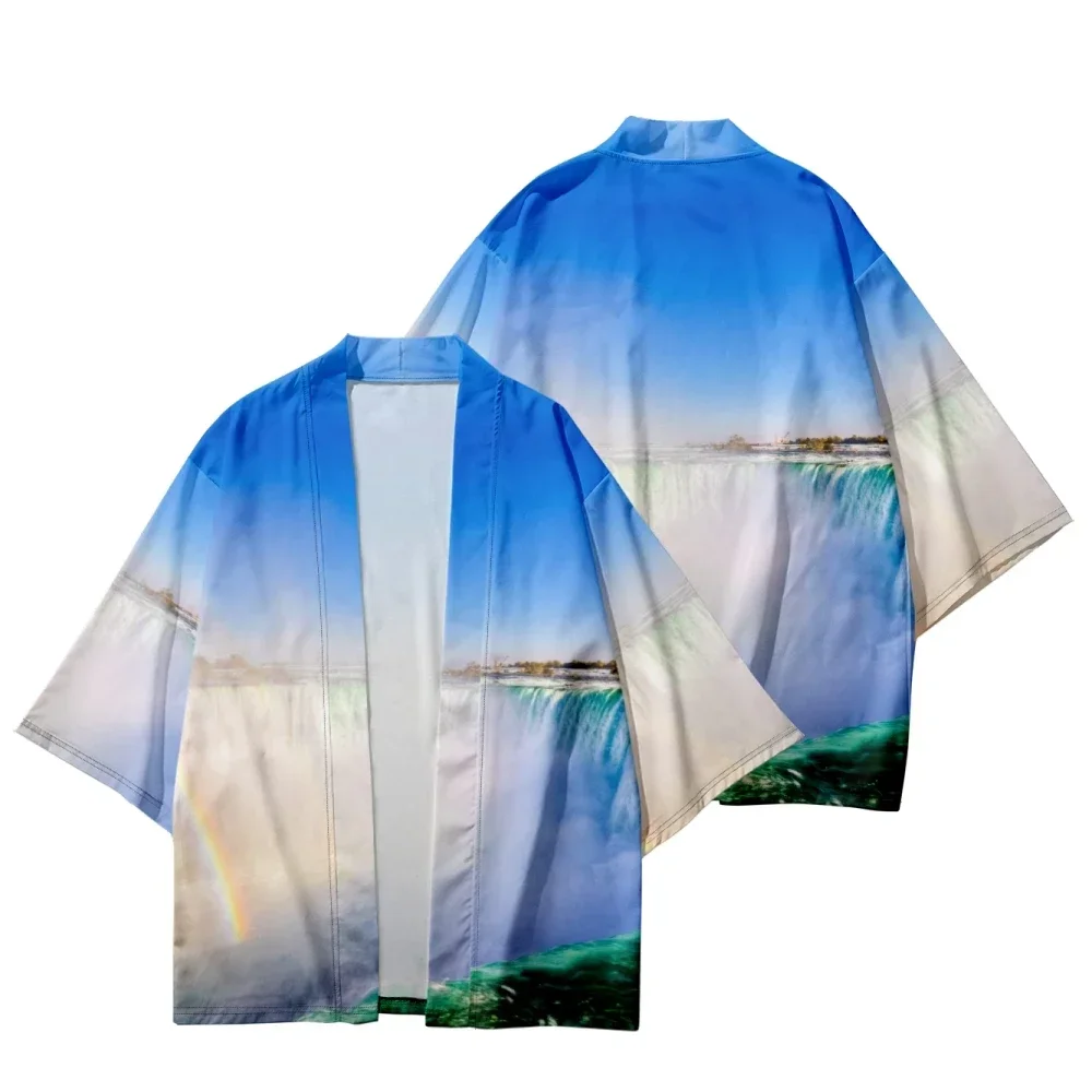 Summer Men and Women Japanese Kimono Traditional Art Japanese Cardigan Casual Loose Thin Coat Kimono Beach Shirt Bathrobes