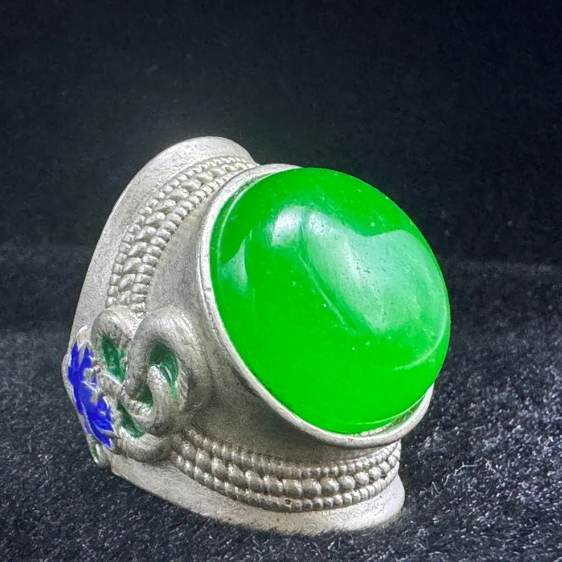 RetroHandmade Silver‑Plated Open Ring Cloisonne Green Emerald‑Tone Cabochon With Stamp Mark Retro Ethnic Adjustable Statement