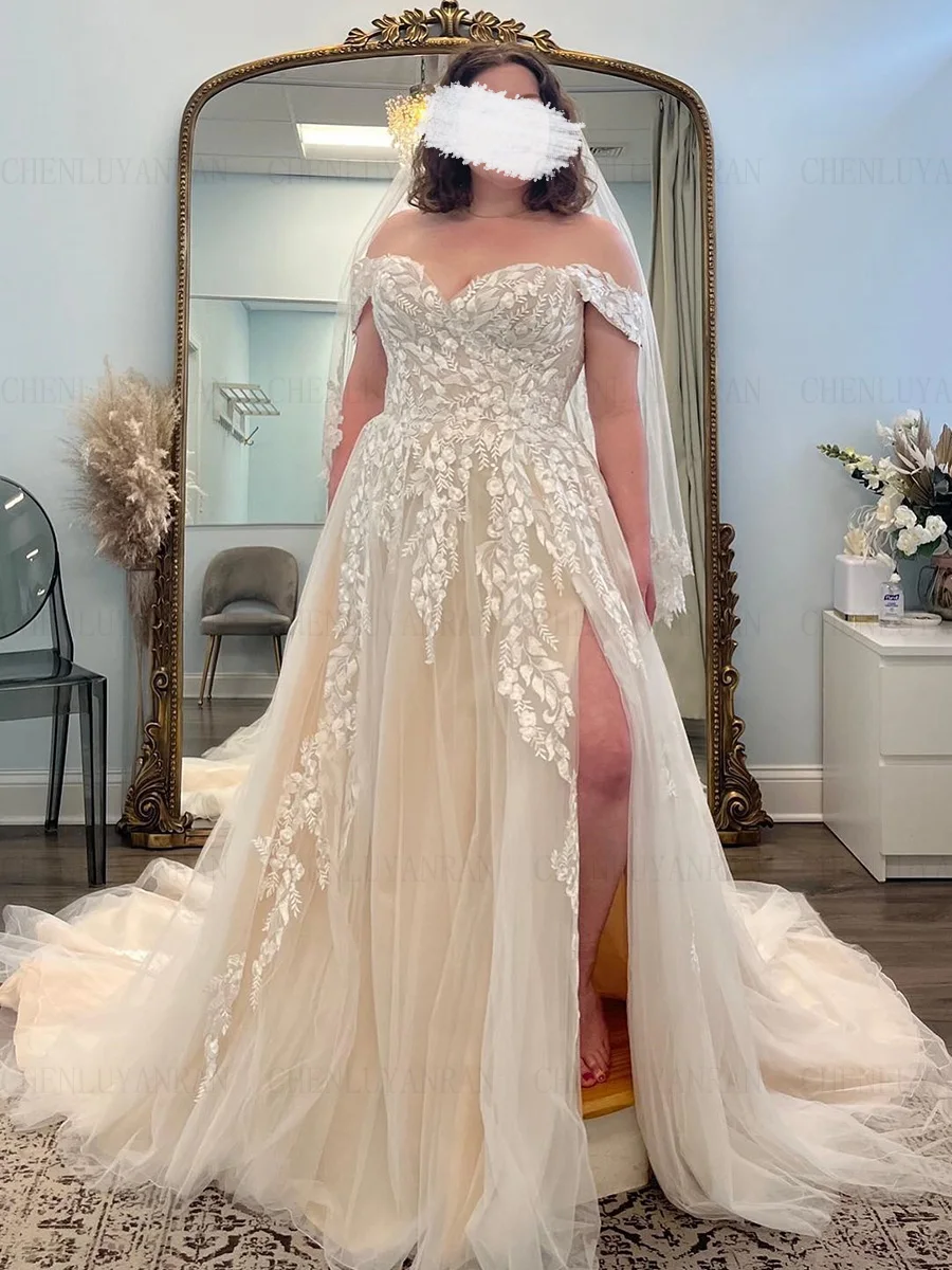 Champagne Fashion Wedding Dresses Applique Off-Shoulder A-Line Bride Gowns Sweep Train Sexy Dress For Women 2025 Robe De Mariée