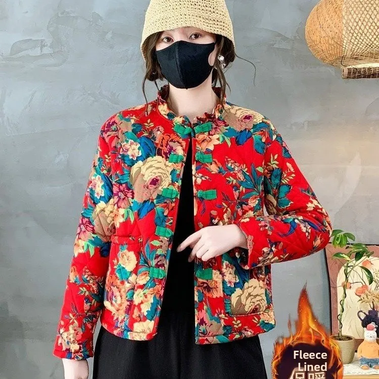 

Thiened Fluffy Cotton Jaet Northeast China Large Flower Pattern Warmth Sli Mid-aged And ly Women's Winter Coat