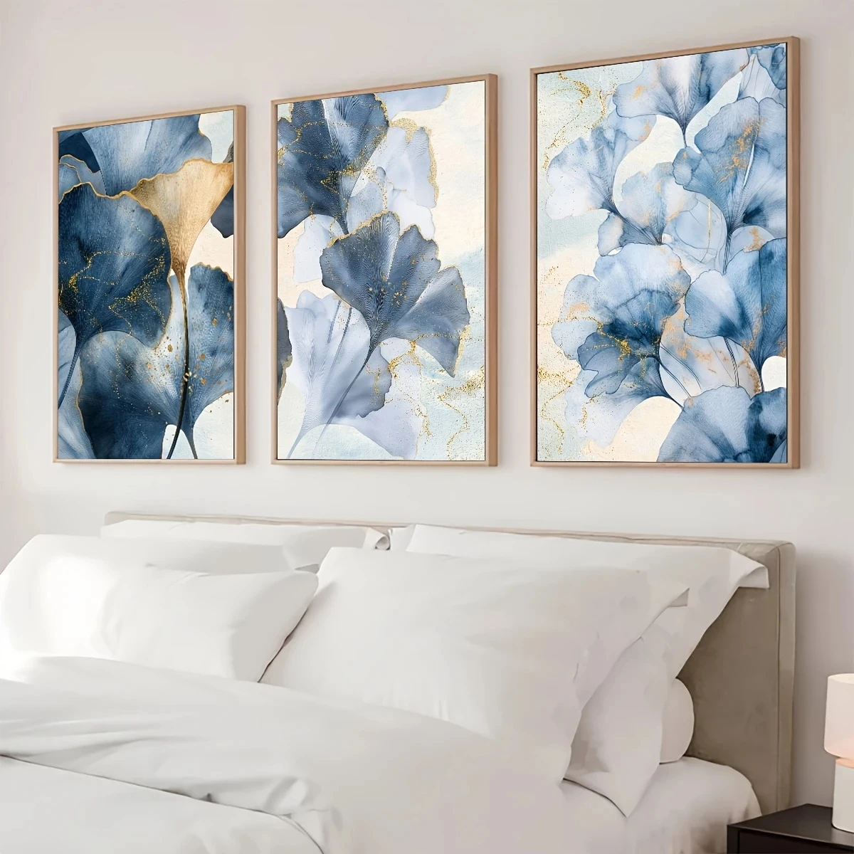 3Pcs/Set Blue Gold Apricot Leaf Wall Art Abstract Plant Modern Living Room Home Decor Bedroom Kitchen Frameless Canvas Poster