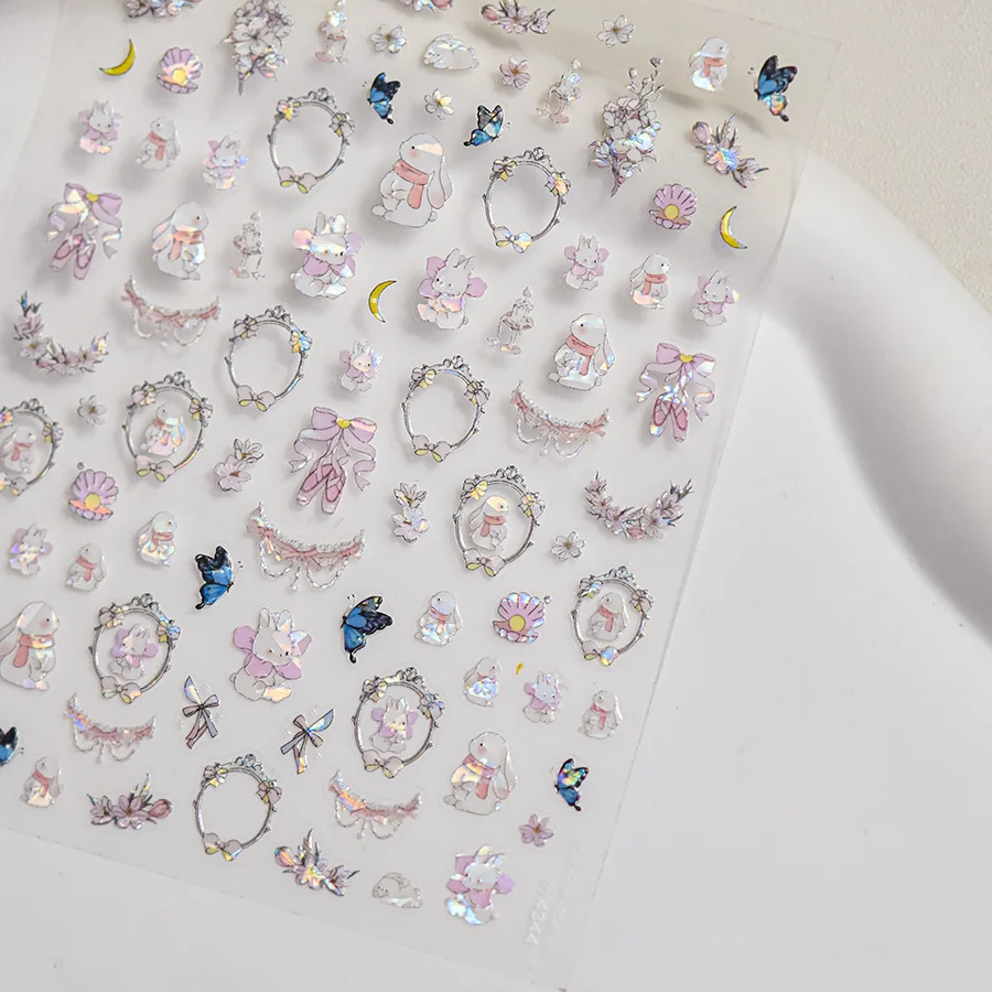 かわいいウサギの子犬チェリーイチゴニンジンキノコチューリップの花ラブハートレインボースター 5D ネイルアートステッカーマニキュアデカール