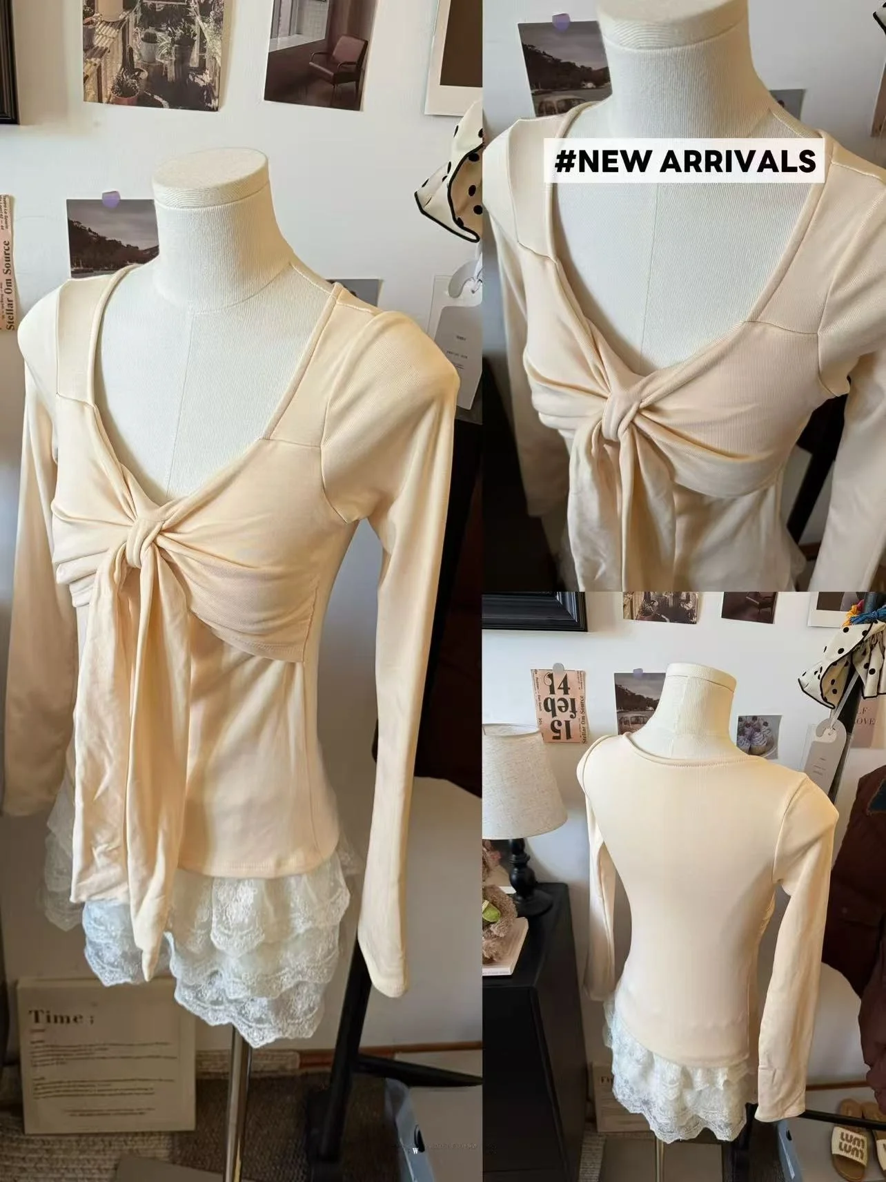 เสื้อยืดแขนยาวสำหรับผู้หญิง รุ่นฤดูหนาว ทรงเข้ารูป ดีไซน์คอเสื้อแบบลำลอง สีพื้น ผูกโบว์