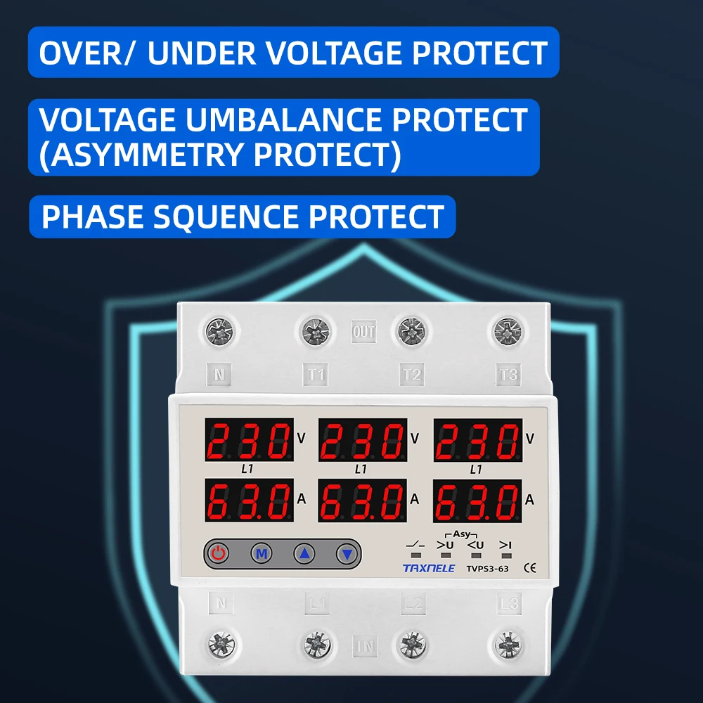 3 Phase Din rail Voltmeter Ammeter adjustable Over and Under Voltage current limit protection Monitor Relays Protector