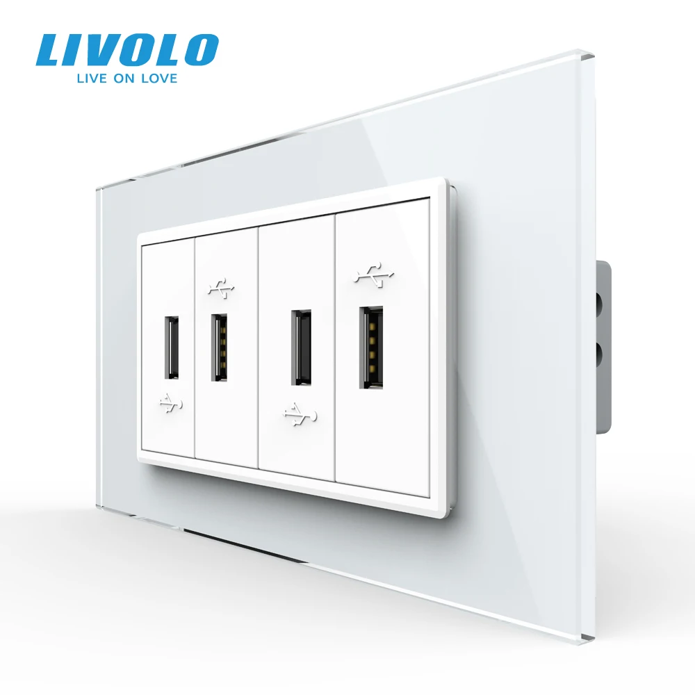 Livolo US Standard Tempered Glass Panel 4 Pin USB Power Charging Electronic Wall Socket , White Glass Panel 4 Port USB Socket